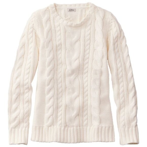 L.L. Bean Womens Double L Cable Knit Crewneck Sweater Bone Small NWOT - Picture 1 of 8